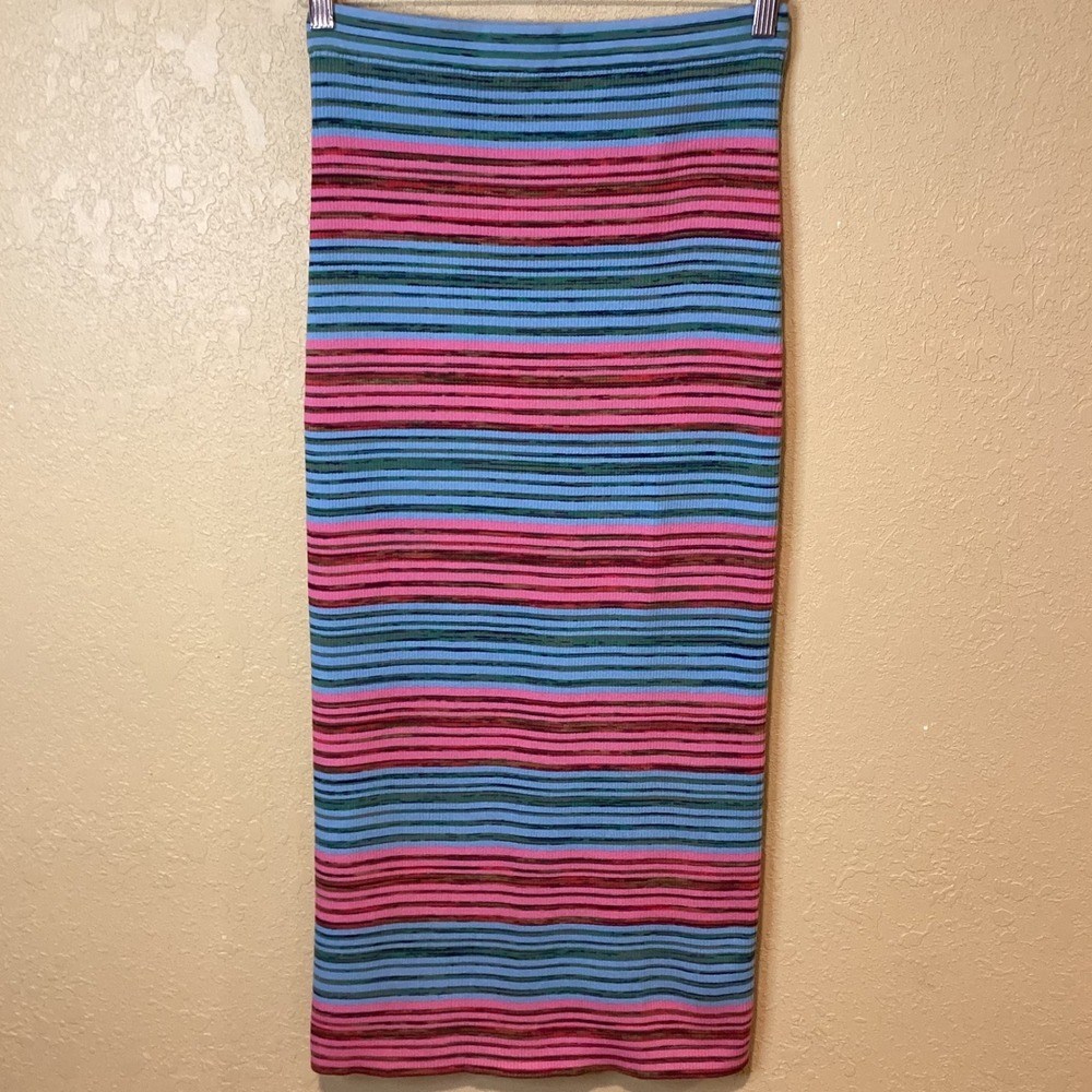 Derek Lam Riviera Knit Striped Ribbed Midi Skirt, Size Medium, Pink/Blue Stripe